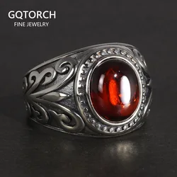 Real 925 Sterling Silver Jewelry Vintage Rings For Men Engraved Flowers With Red Garnet Natural Stone Fine Jewellery
