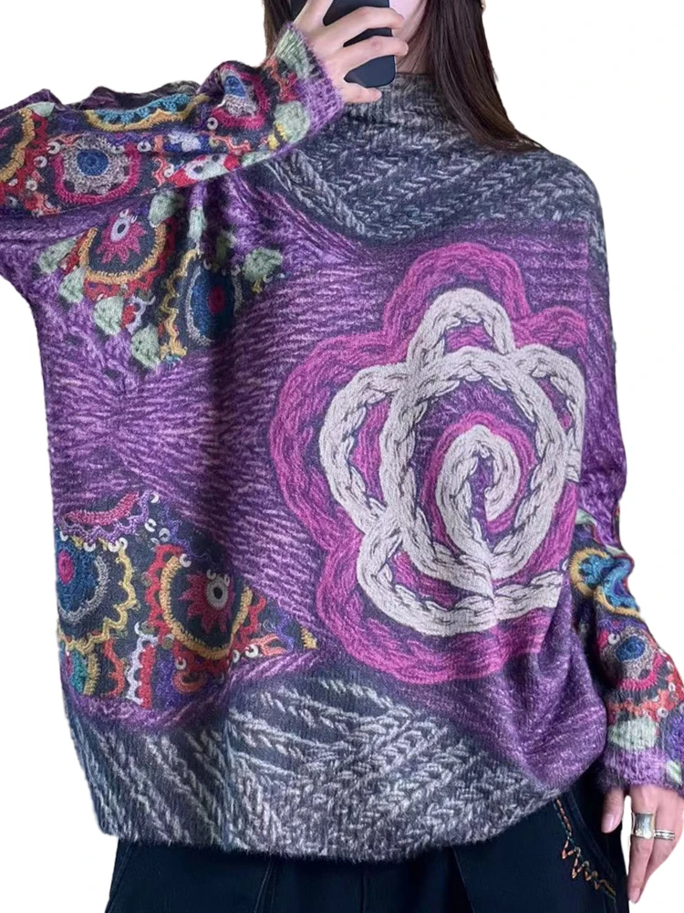 2023 inverno moda donna maglioni caldi donna Vintage stampato dolcevita maglioni femmine Pullover di cotone Casual floreale di lusso