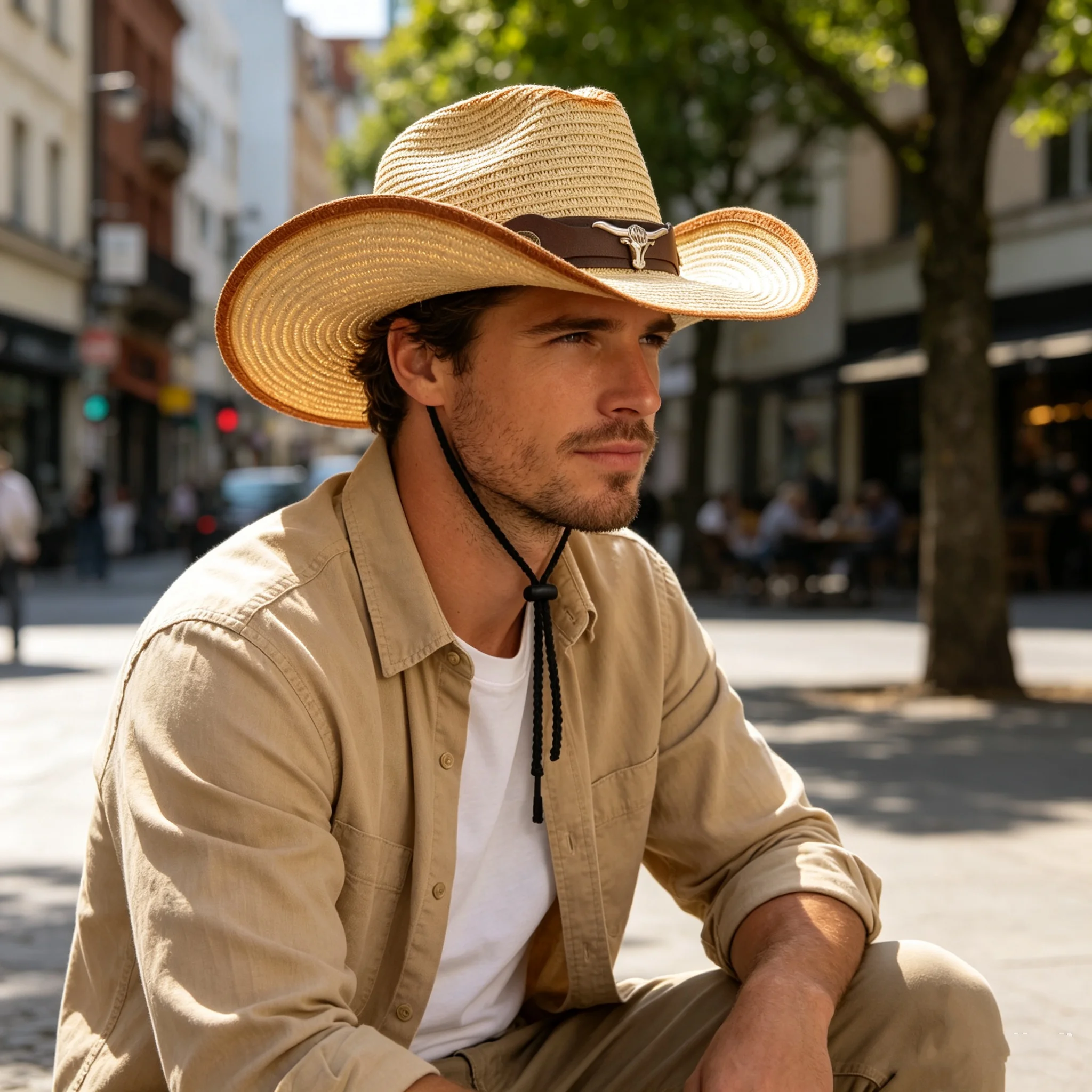 Chapeau de cowboy occidental unisexe en paille, chapeau de soleil d'été à large bord pour la protection solaire, chapeau de plage pour vacances en bord de mer, chapeau de chevalier réglable avec cordon coupe-vent