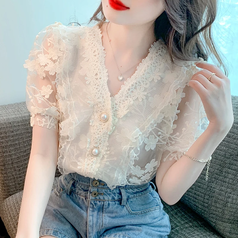 Elegant V Neck Stereo Flower Lace Chiffon Shirts Women 2023 Short Sleeve Tops Two-piece See Through Blouse Casual Sweet 27434