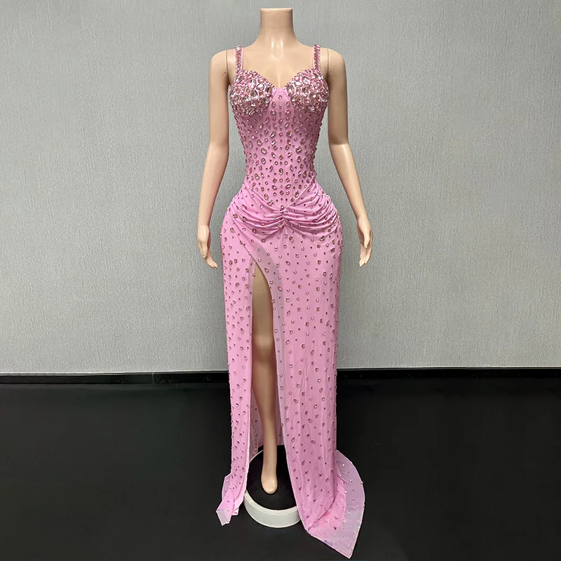 

Women Luxury Pink Spaghetti Strap Crystal Drapped Open Leg Bright Long Comfortable Soft Birthday Celebrity Evening Party Gowns