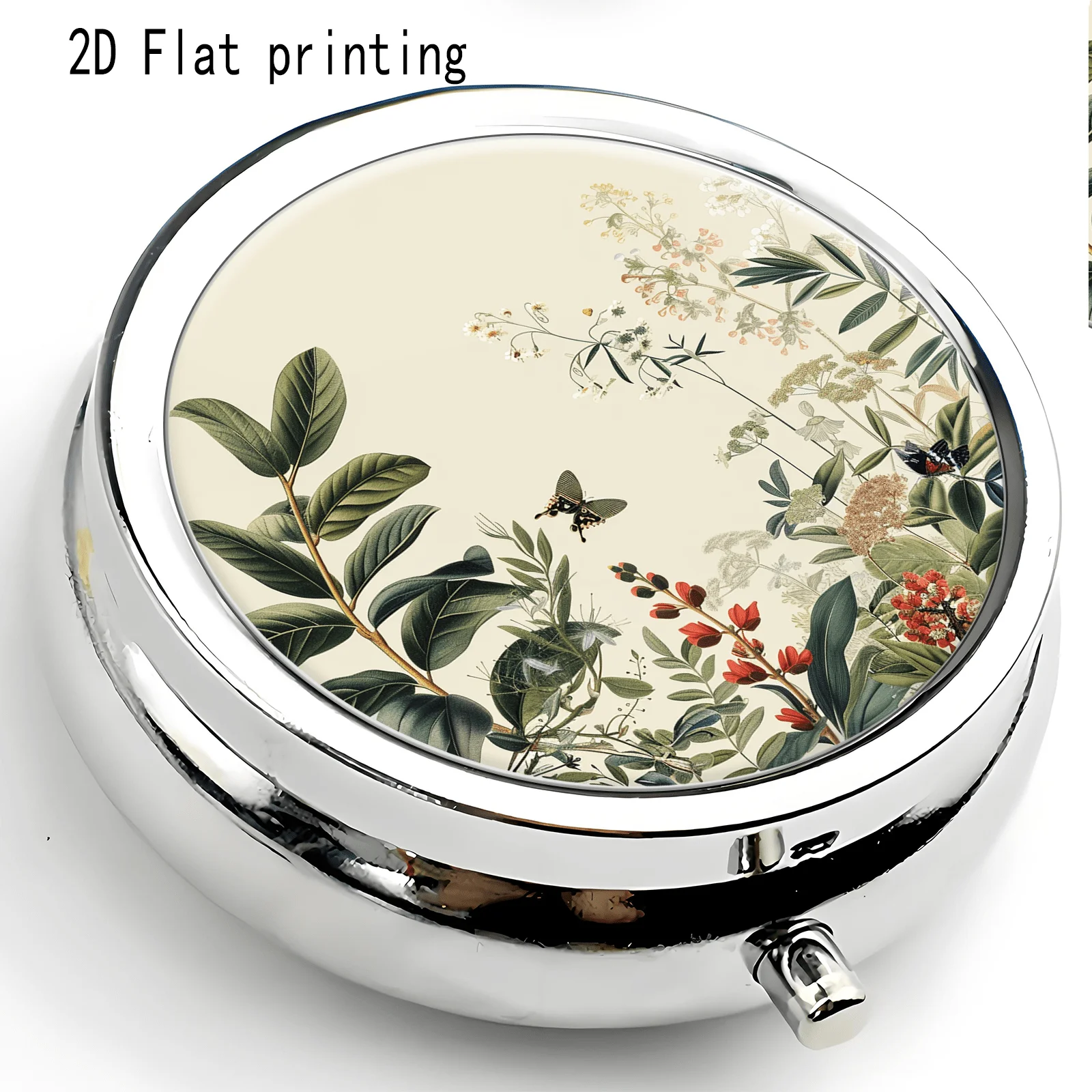 Vintage Plant and Butterfly Circular Illustration Pattern, Round Three-Compartment Small Medicine Box, Portable Medicine Storage, Small Jewelry Storage, Suitable for Handbags or Travel, Holiday Gifts, Souvenirs, Prizes, Small Gifts, Suitable for Personal Use or as an Exquisite Gift Option