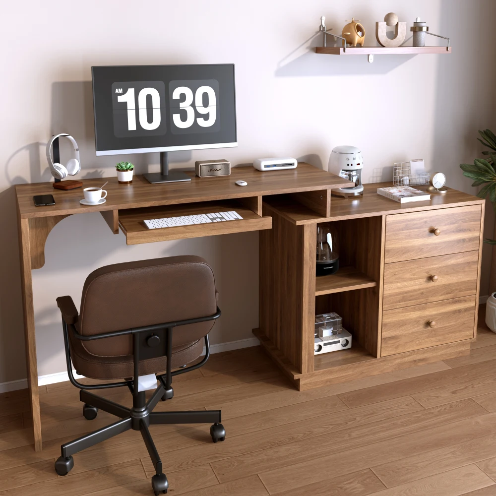 Bureau escamotable avec plateau pour clavier et étagères de rangement, poste de travail informatique moderne avec 3 tiroirs, table d'écriture pour bureau à domicile