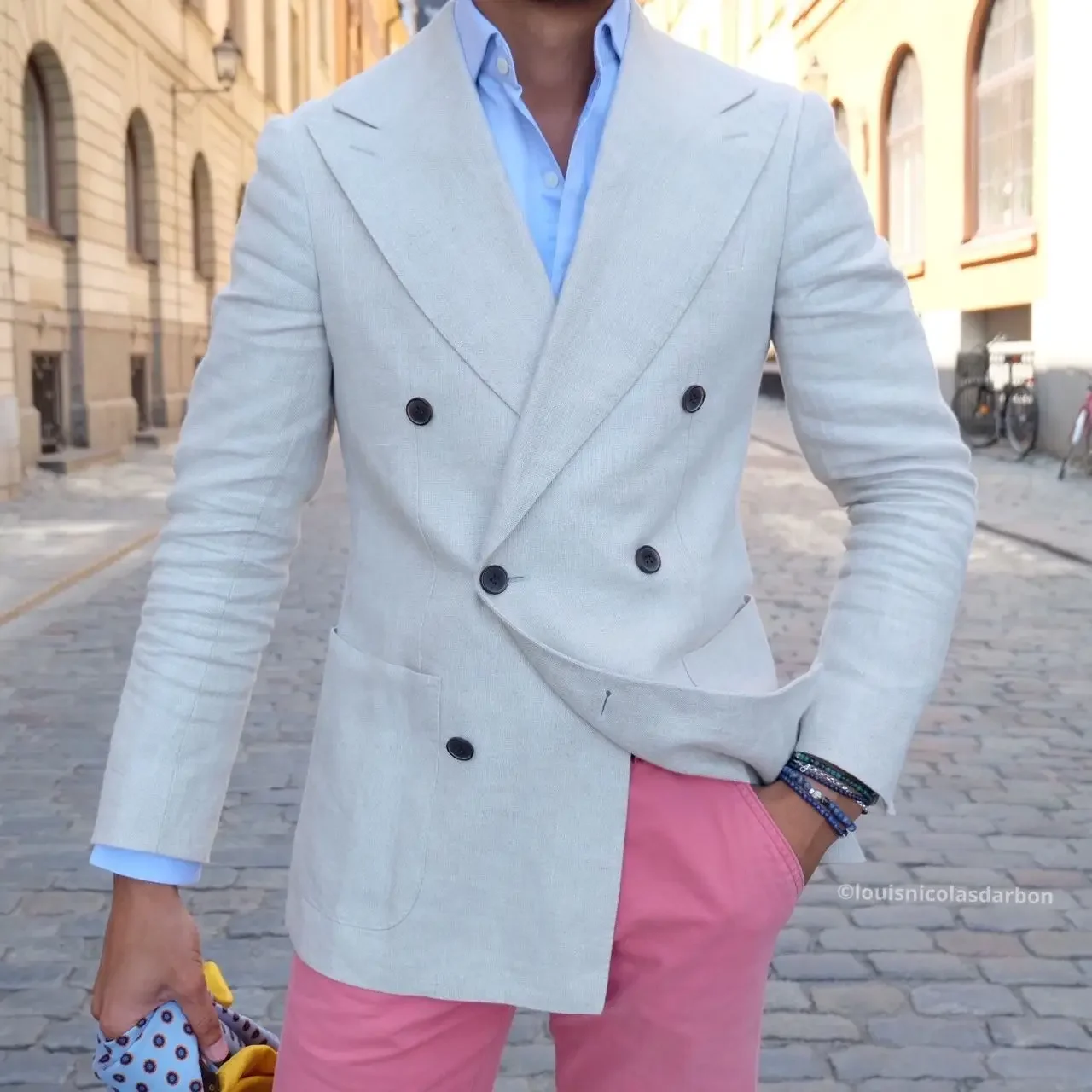 

Latest Elegant White Linen Jacket For Men Summer Double Breasted Casual Slim Fit Custom Made Beach Wedding Male Blazer Masculino