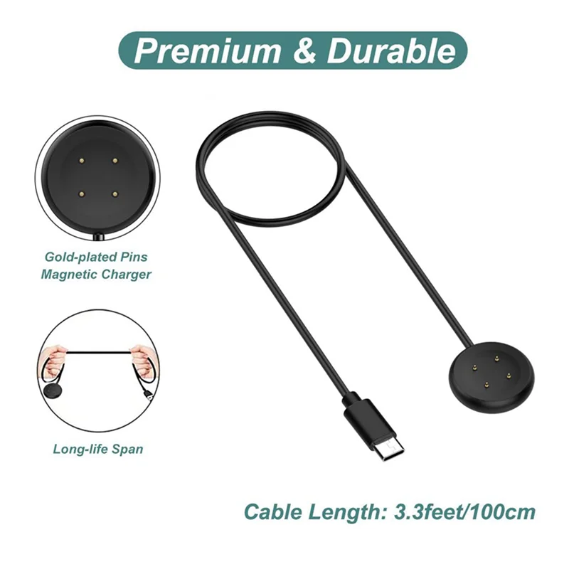 ABGN 2X Type-C สายชาร์จสําหรับ Google Pixel Watch 2, สายชาร์จแม่เหล็กสําหรับ Pixel Watch 2 smartwatch สีดํา