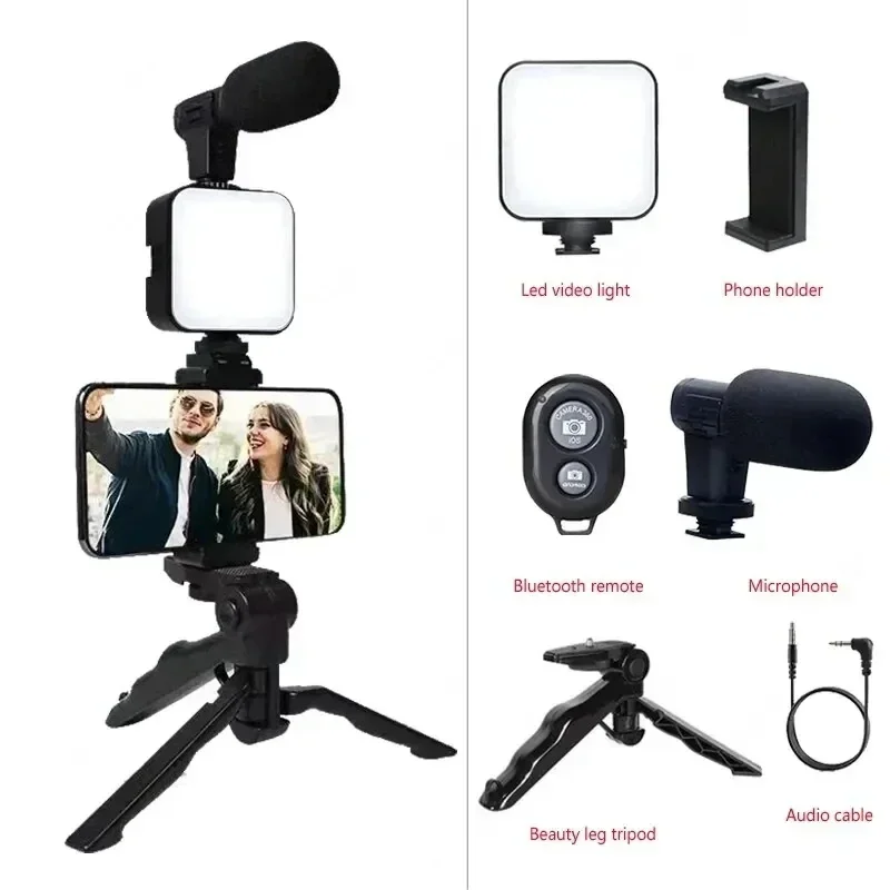 Nuovo supporto per telefono treppiede Kit per vlogging per smartphone con mini microfono Avviatore a luce di riempimento a LED per uso video in streaming live TikTok