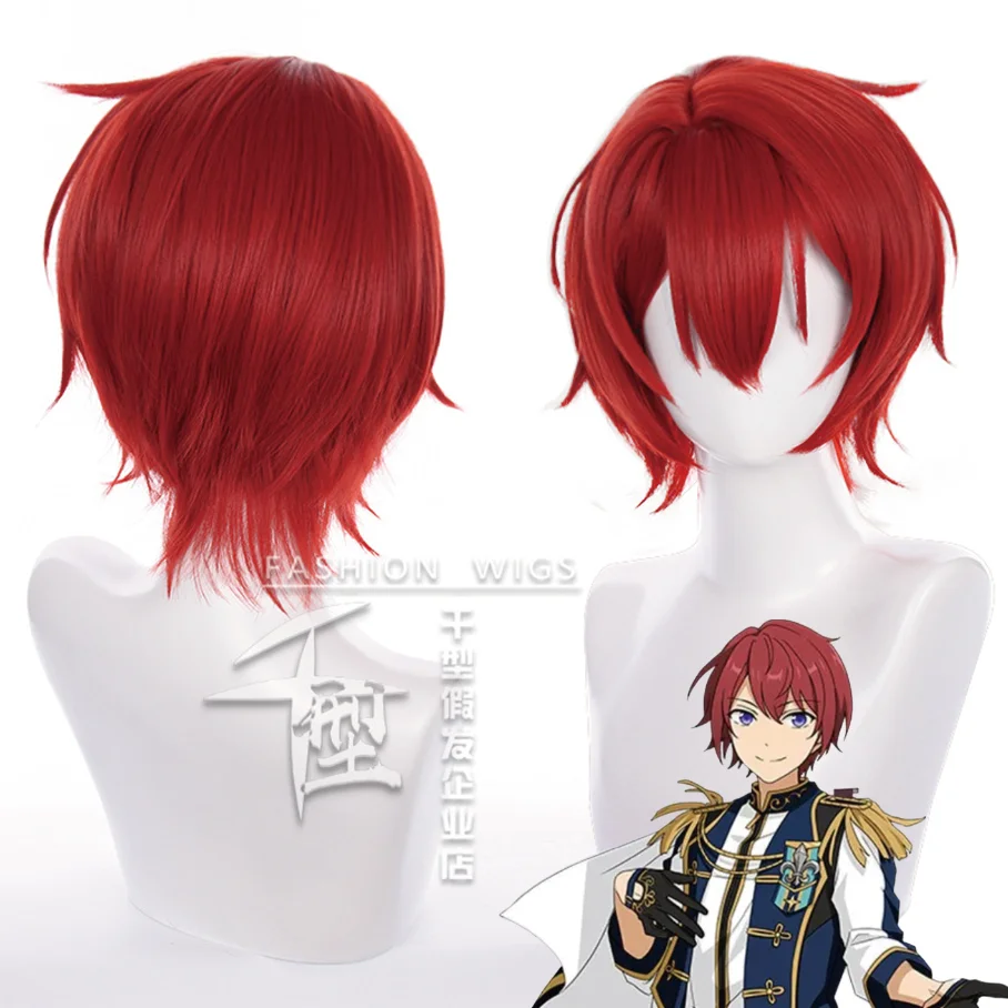 Ensemble Stars-Es Suou Tsukasa Cosplay Perucas, Cabelo Curto Vermelho, Resistente ao Calor, Sintético, Acessórios de Festa de Halloween, Adereços