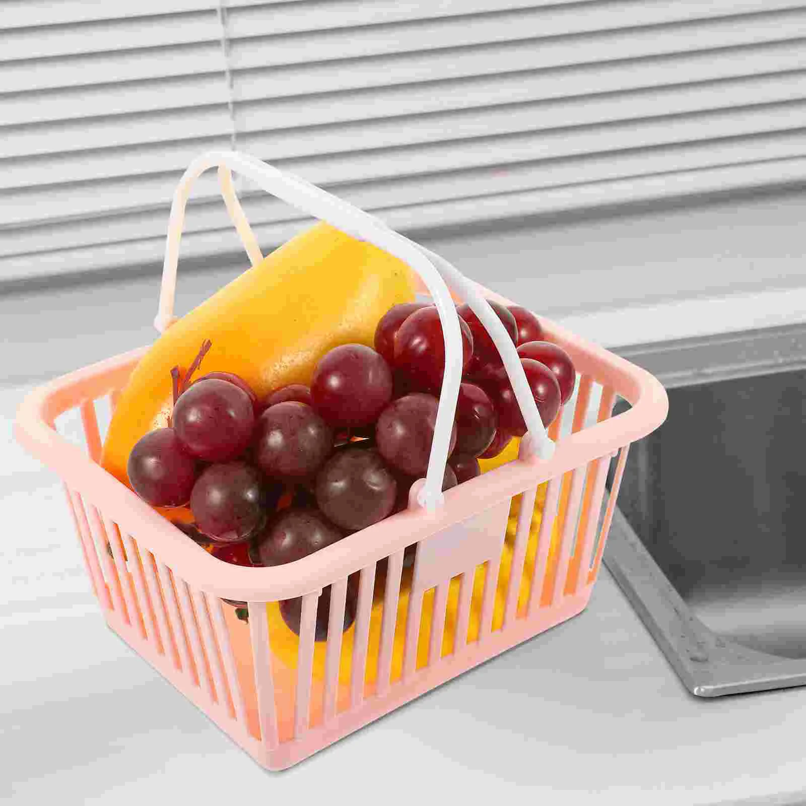 

3 Pcs Storage Basket Compact Plastic Handle White Green Portable Hollow Baskets Reusable Shopping Pastel Color