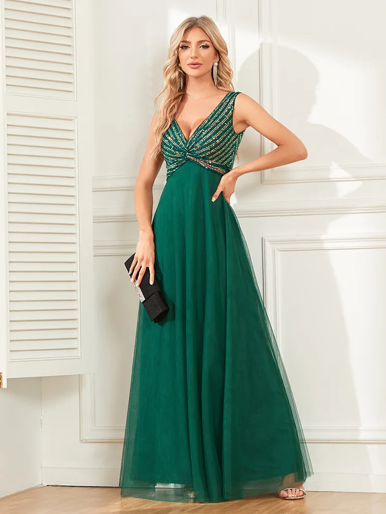 

2024 Dark Green Women's Double V-neck Sleeveless Evening Dress Striped Sequin Stitching Tulle A- line Long Elegant Dress