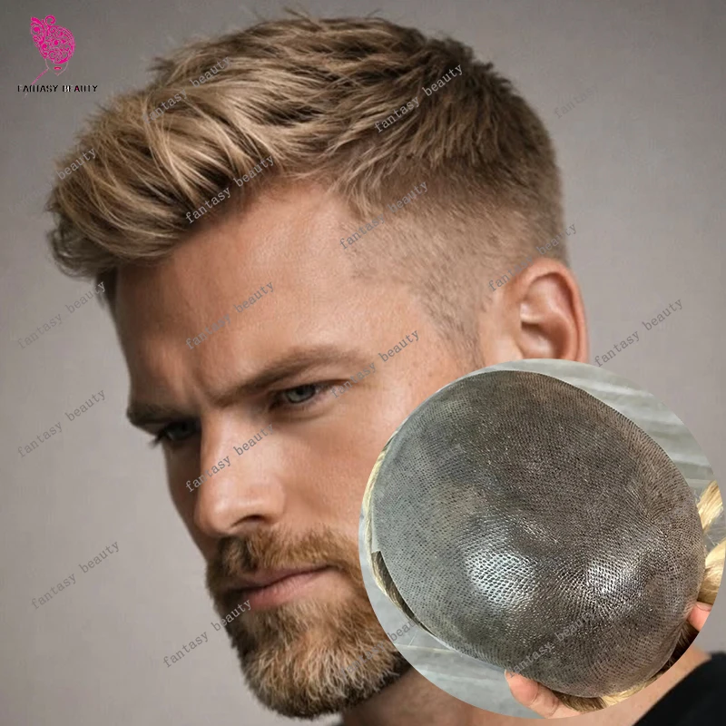 

Прочная накладка из натуральных волос с одним узлом, ультратонкая основа, омбре блонд 4T/613 # Мужской парик-система замещения волос с естественной линией роста волос