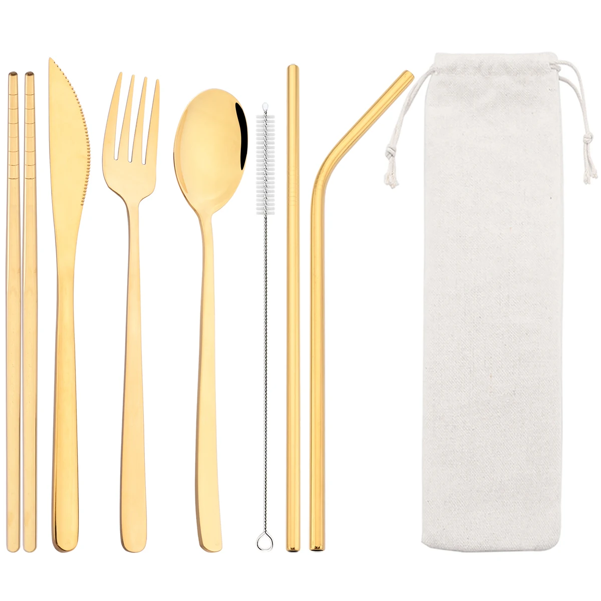 

8pcs Gold Travel Dinnerware Knife Fork Spoon Chopsticks Straw Cutlery with Bag Mirror Stainless Steel Flatware Kitchen Tableware
