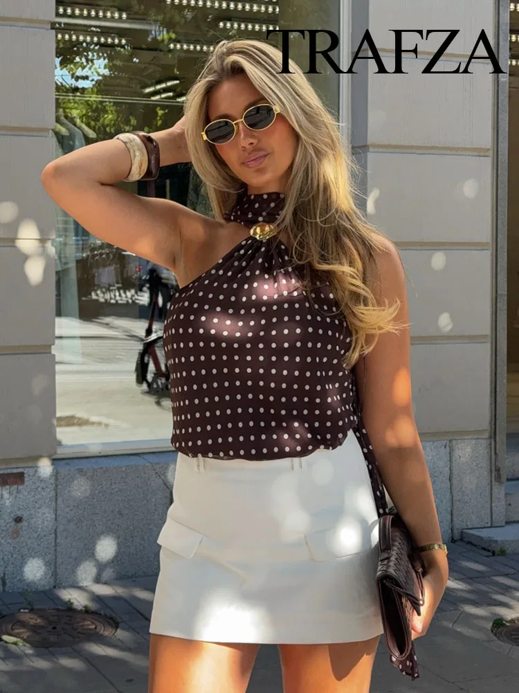 

TRAFZA Woman Summer Elegant Sleeveless Backless Sexy Neck Halter Top Women Polka Dot Printed Scarf Metal Buckle Slim Party Top