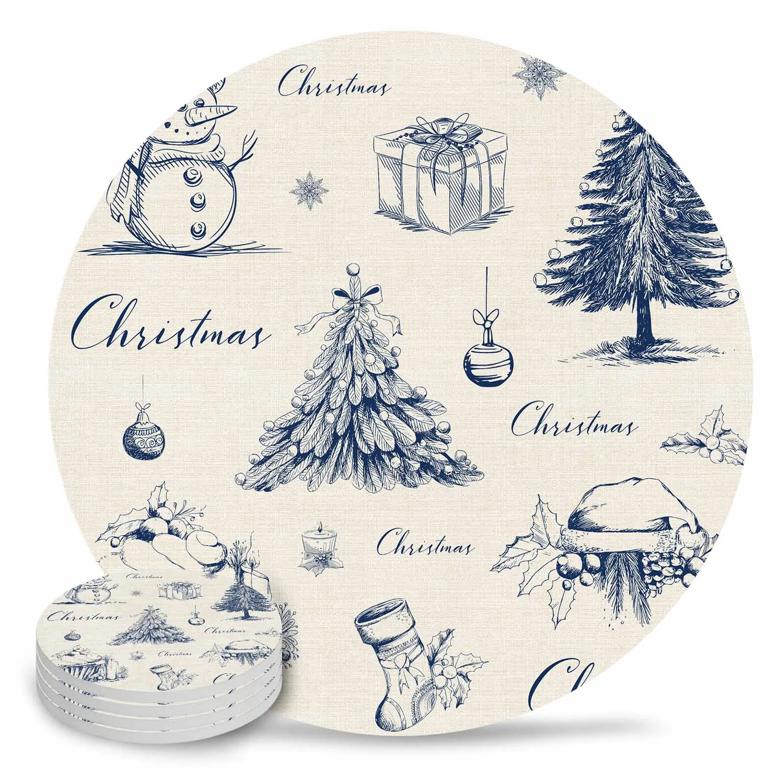 Water Pen Style Snowman Christmas Tree Round Coaster Coffee Table Mats Kitchen Accessories Absorbent Ceramic Coasters