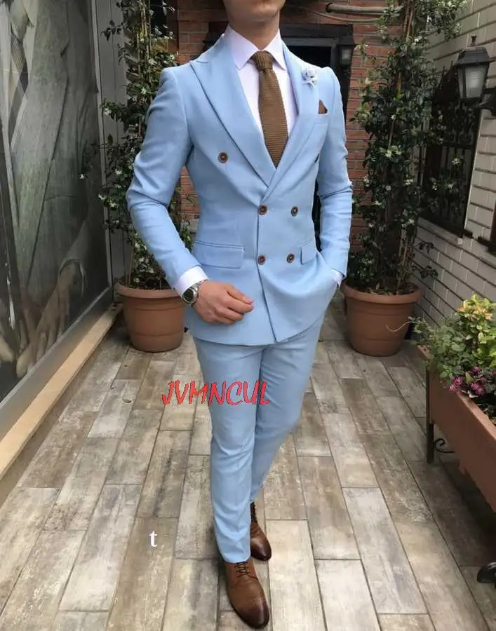 Baby Blue Slim Fit Groomsmen Groom Tuxedos Peak Lapel Men Suits Best Man 2 pieces Wedding Suit ( Jacket+Pants+Tie )