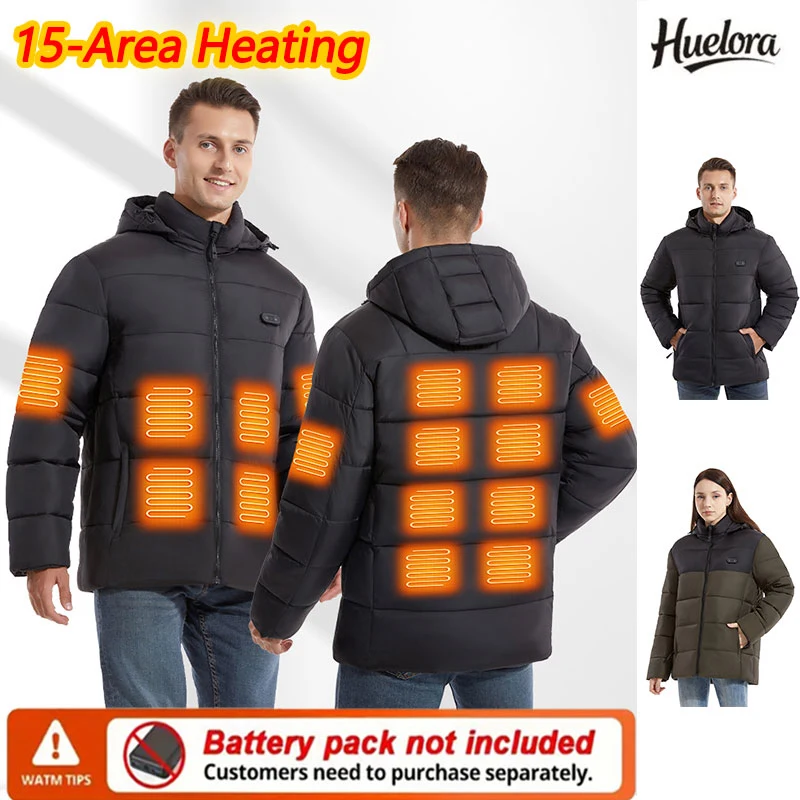 15 Area Heated Jacket Hooded Men Warmth Heated Jacket Women Winter Outdoor Sports Warm Hooded Coat (Not Included The Power Bank)