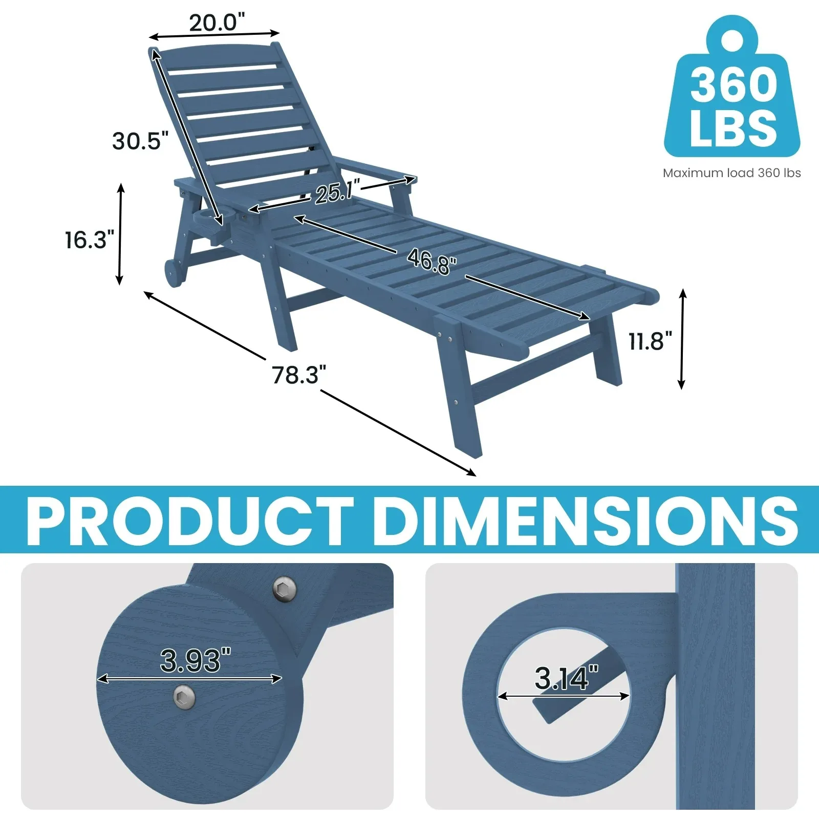 Adjustable Lounge Chair, HDPE Frame, 5-Position Backrest, Cup Holder, Removable Rollers, Anti-Fade, Easy Assembly