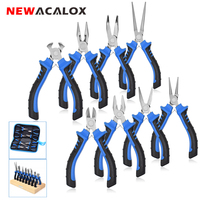 NEWACALOX 8Pcs Jewelry Pliers Set  Mini Pliers Set with Wooden Base/Tool Bag Needle Nose Pliers, Wire Cutters, Nylon Jaw Pliers