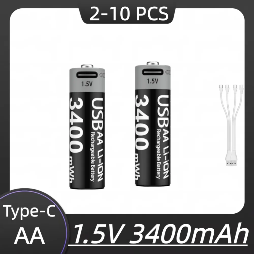 Rechargeable AA Battery 3400mAh USB Type-C 1.5V Lithium Battery for Hunting Camera Remote Control Mouse Door Lock