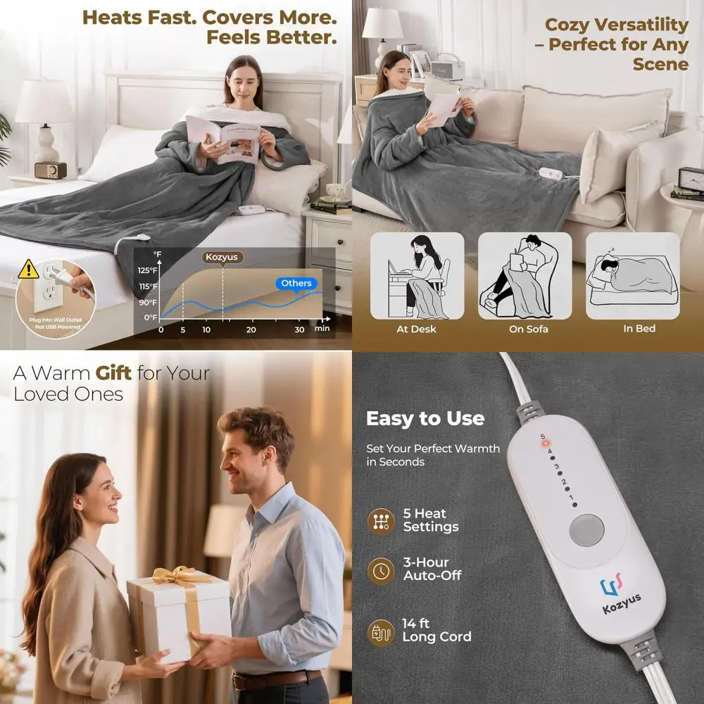 

Electric Heated Blanket with Foot & Sleeve Pockets, 5-Setting, 3H Auto-Off, Machine Wash, ETL Certified, Unisex, 50x70