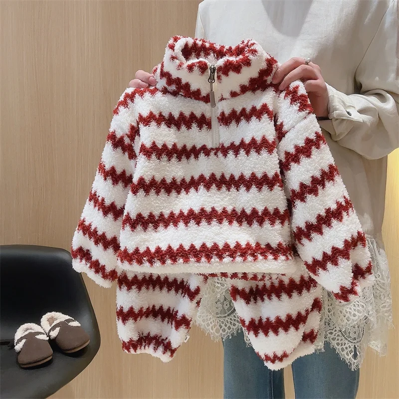 الأطفال مجموعات دافئة الفتيان الفتيات الشتاء مخطط منامة الدعاوى الخريف الاطفال فضفاض كنزة صوف السراويل 2 قطعة المراهقين زمم وتتسابق