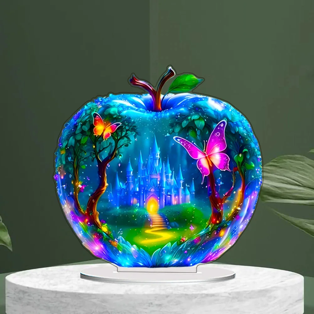 2D Flat Acrylic Apple Table Ornaments Pattern Landscape Decor For Home Office Handmade Statue Crafts Ornament Decoration Gift
