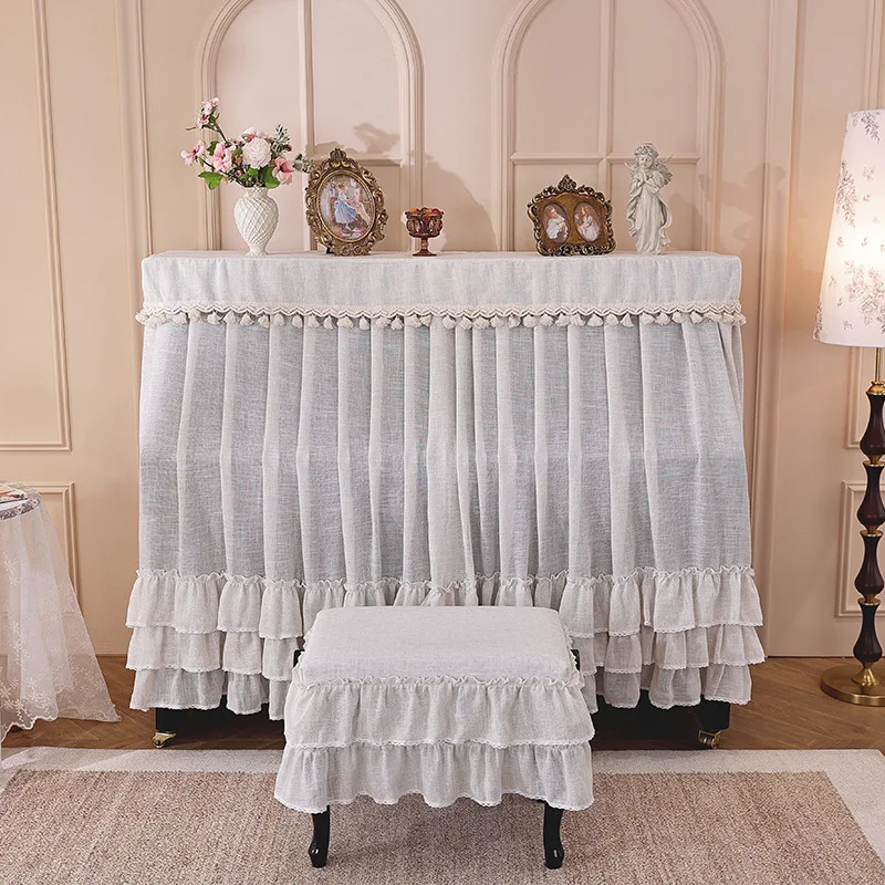 

Imitation Linen Texture Piano Cover Dustproof and Beautiful Home Piano Cover Tassel Lace Piano Stool Cover
