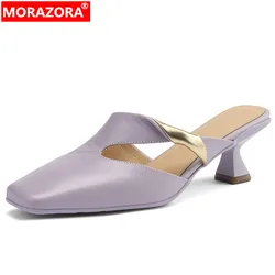 MORAZORA New Concise Ladies Mules Casual Shoes Sheepskin Leather Slippers Women 2024 Thick High Heels Summer Slippers