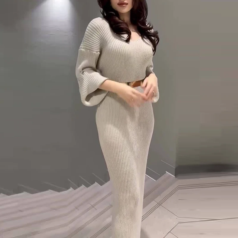 Sexy Ladies V Neck High Waist Knitted Dress 2024 Autumn Multi Color Slim Long Sleeved Dress Casual Pit Stripe Split Robe Dresses