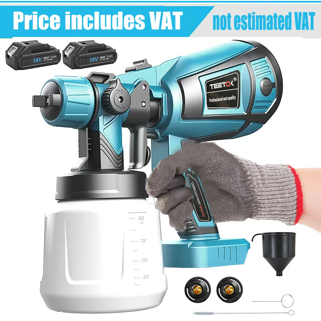 2 Battery Cordless Paint-Sprayer-Spray Gun Airless Home/Outdoor Wall Fence For Makita 18V HVLP 1000ML