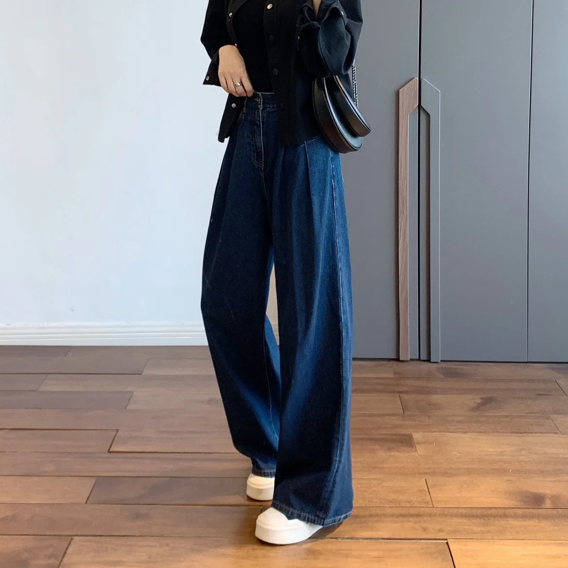 

The W Series Hong Kong Sle Широкие джинсовые брюки с высокой талией и сложенным дизайном, женские джинсы длиной до пола