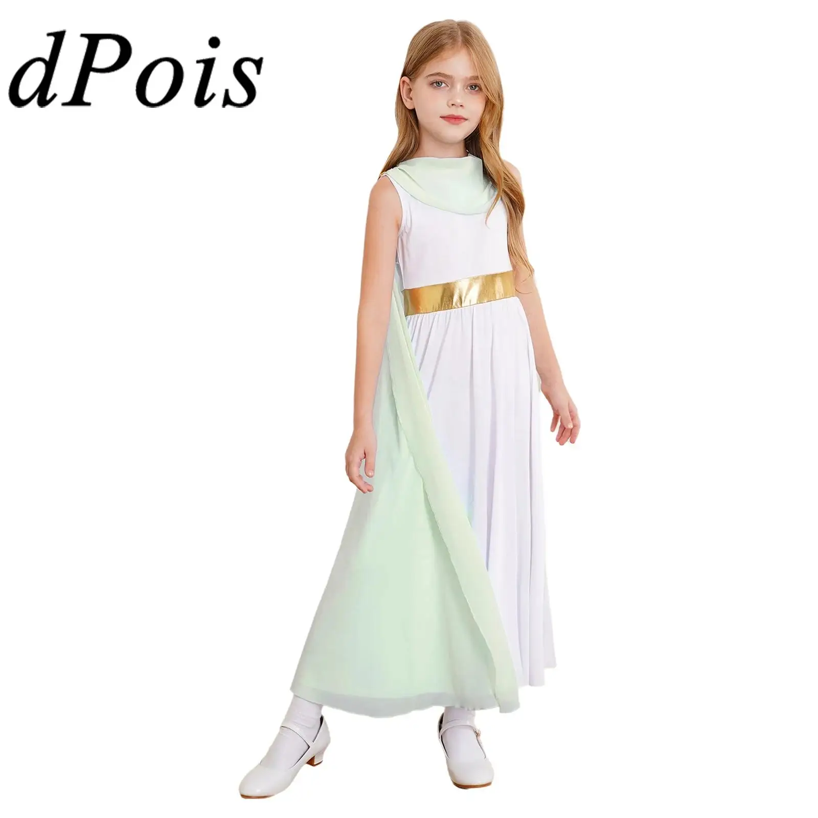 Girls Fancy Dress Grecian Toga Roman Ancient Greek Princess Costume Halloween Chorus Stage Performance Dress with Tulle Cape Set