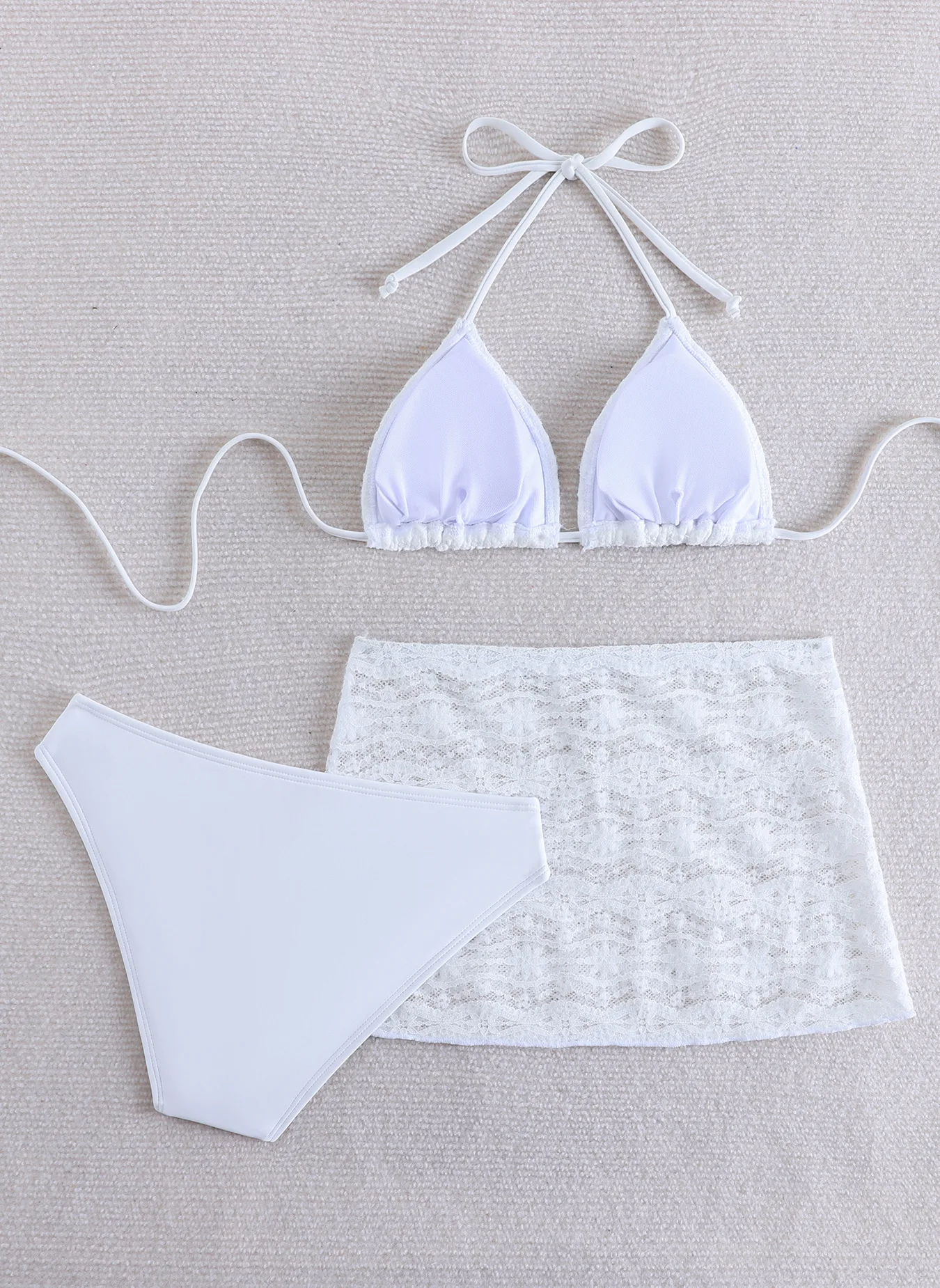 sexy white lace halter tie bikinis sets 3pcs with mini skirt swimsuits bathing suit beach outfits biquini tankini trikini