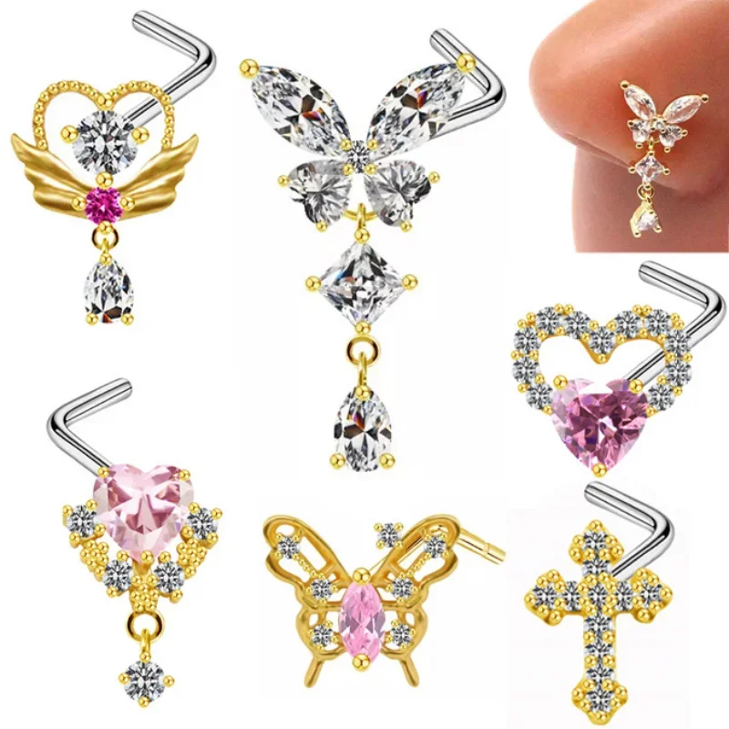 1Pcs Nose Ring for Women Dangle Nose Piercing Stainless Steel Nose Bend Ring Butterfly Dangling Noses Ring Body Piercing Jewelry