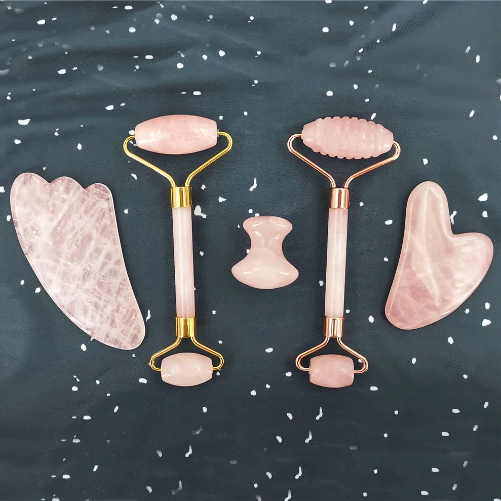 Natural Rose Quartz Jade Roller Set Real Jade Gouache Scraper Jade Massager Gua Sha Board Facial Massager Face Massage Roller