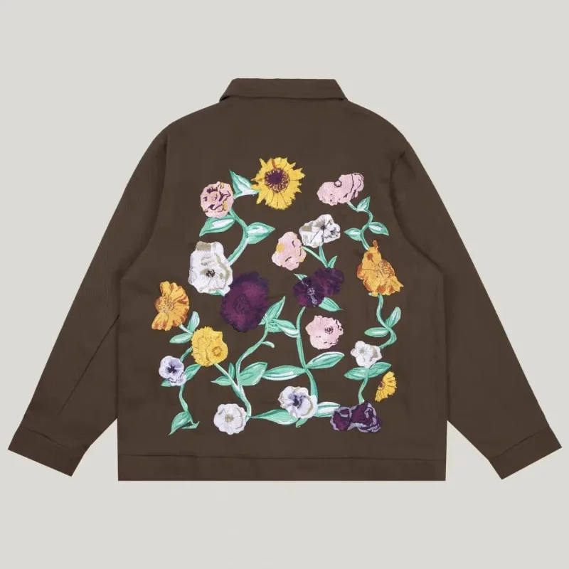 New TS Work Piano Flower Embroidery Men's Women's Taylors Jacket Long Sleeve Cotton Brown Front Zipper Taylor Cardigan Coat