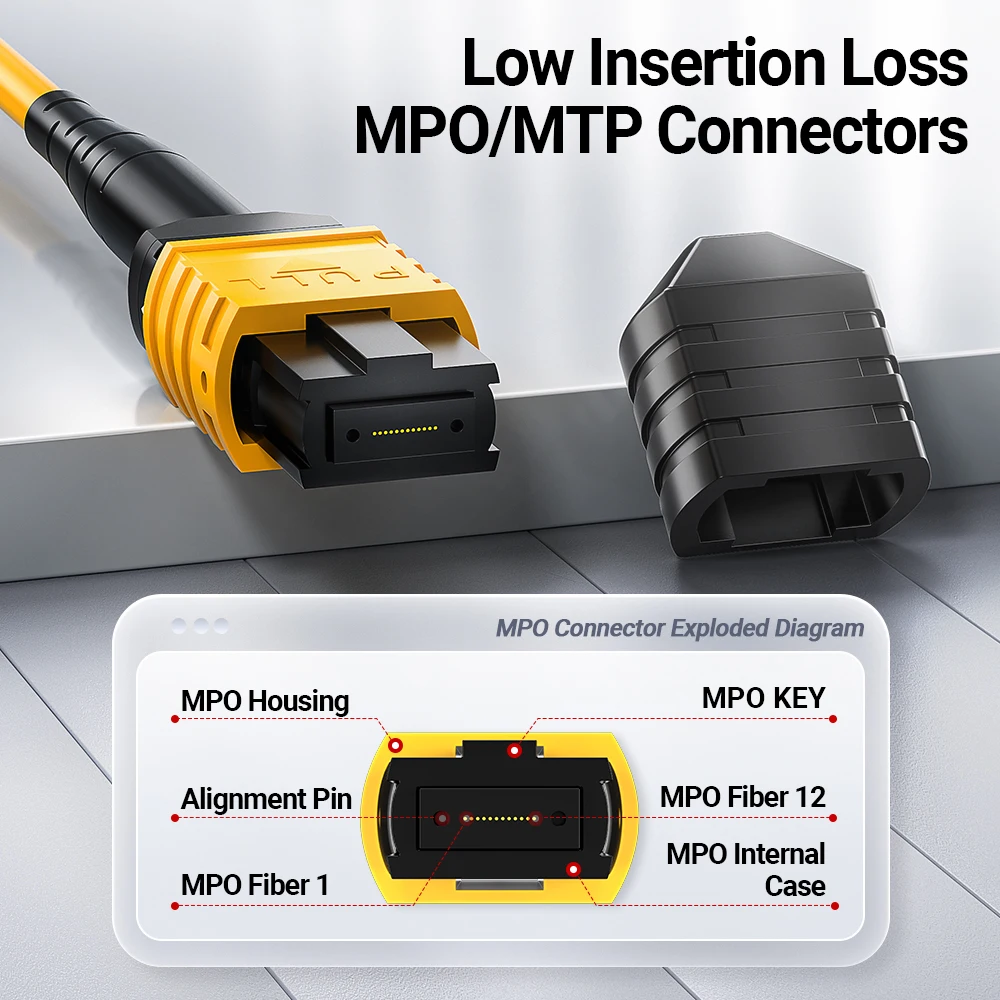 AMPCOM MPO إلى MPO الألياف التصحيح الحبل نوع B OS2 المفردة 8/12/24 النوى كابل صندوق السيارة لأجهزة الإرسال والاستقبال 10G QSFP + 100G QSFP28 1-30 متر