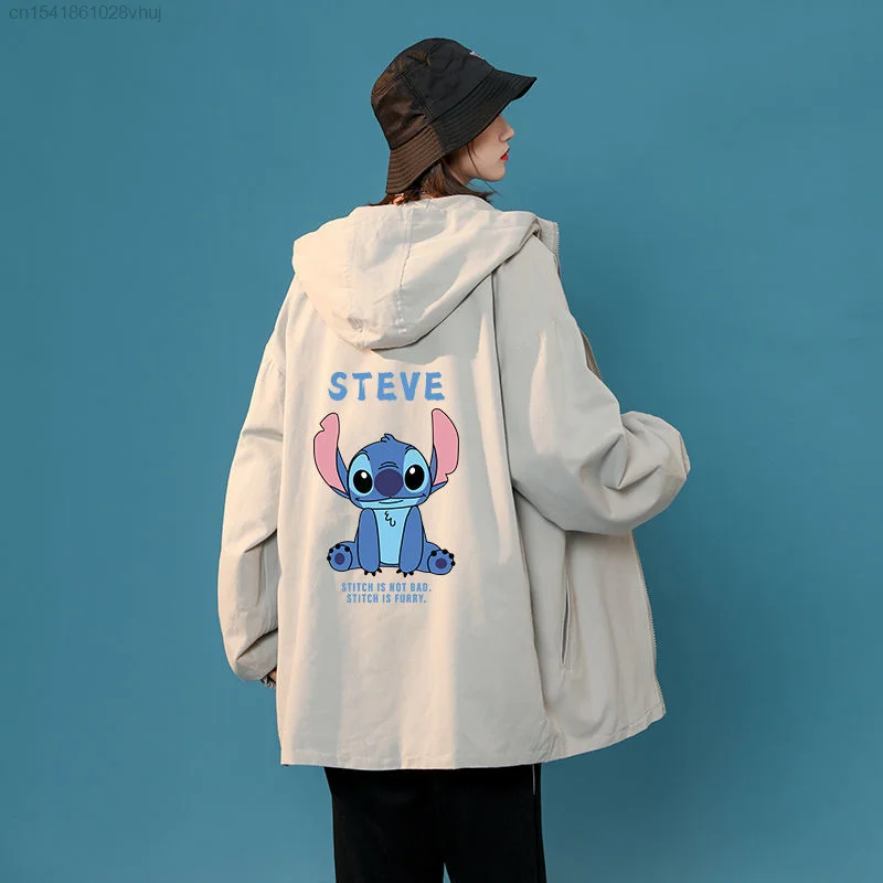 Disney Cartoon Stitch Bomber Jacket For Girls Trendy Oversized Outerwear Student Hooded Jacket Y 2k Hip Hop Black Cardigan Coats