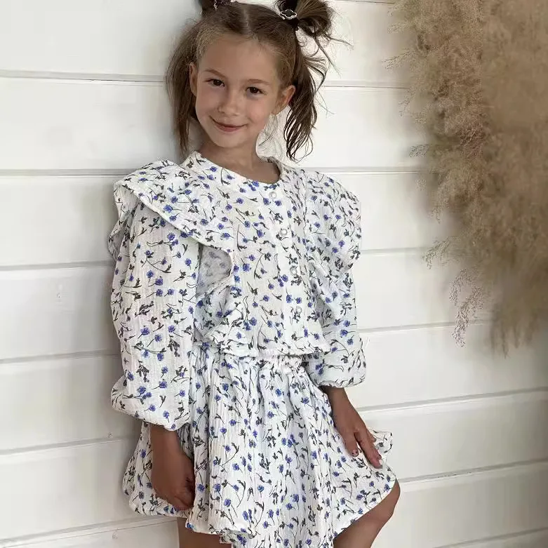 2024 Girls' Autumn Cotton and Hemp French Floral Ruffle Blouse+Half Skirt Children's Two Piece Set