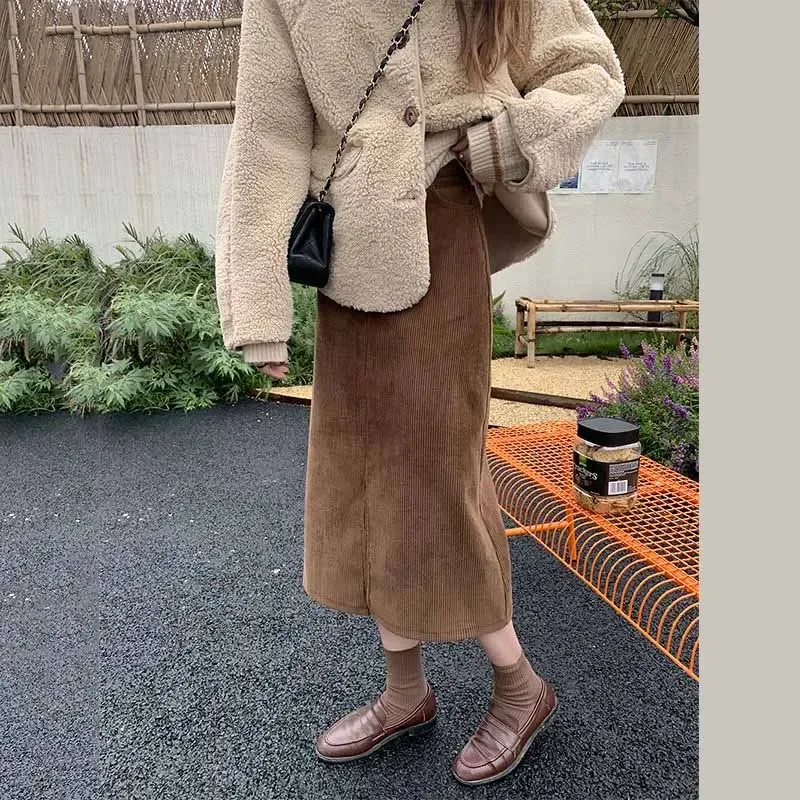 

Skirts Women Corduroy Mid-calf Vintage Split Simple Empire Students Autumn Pure Color Fashion Tender Femme All-match Cozy Daily