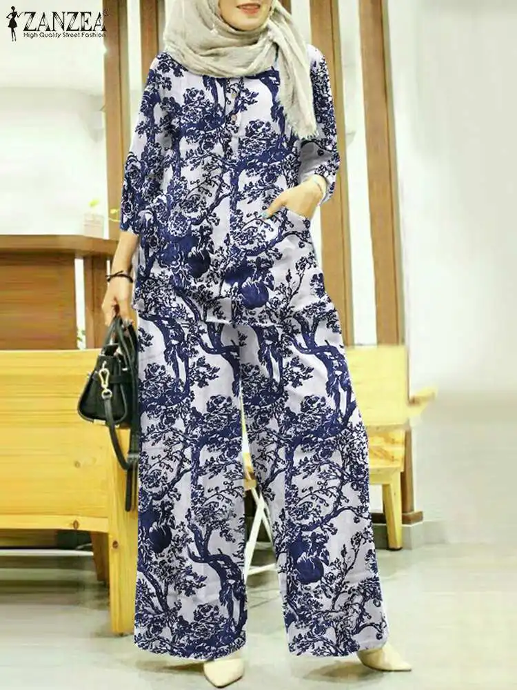 Vintage Printed Muslim Sets ZANZEA Women Floral Blouse Wide Leg Pant Sets Bohemain Urban Tracksuit Casual Outfits Two Piece Sets