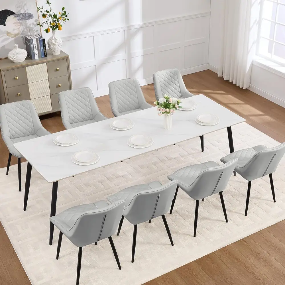 

Set of 8 Leatherette Dining Chairs with Cushions, Adjustable Metal Legs, Light Grey