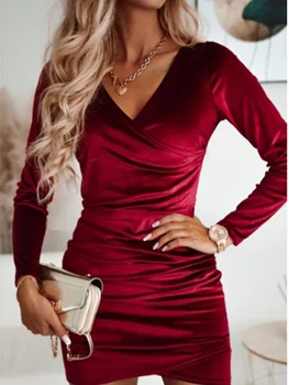 Image Sexy Red V-Neck Long Sleeve Dress Women's Slim Mini Dresses Elegant Party Date Autumn Dress Robe