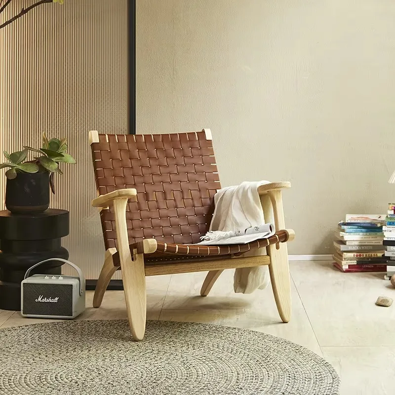

Household solid wood saddle leather sofa chair Internet celebrity armrest back chair retro lazy recliner