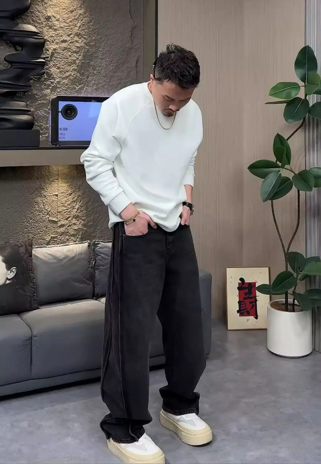 Autumn Winter High Street Zipper Splicing Design Sense Jeans Men's Trendy Brand Loose 2026 Washing Water Wide Leg Straight Pants