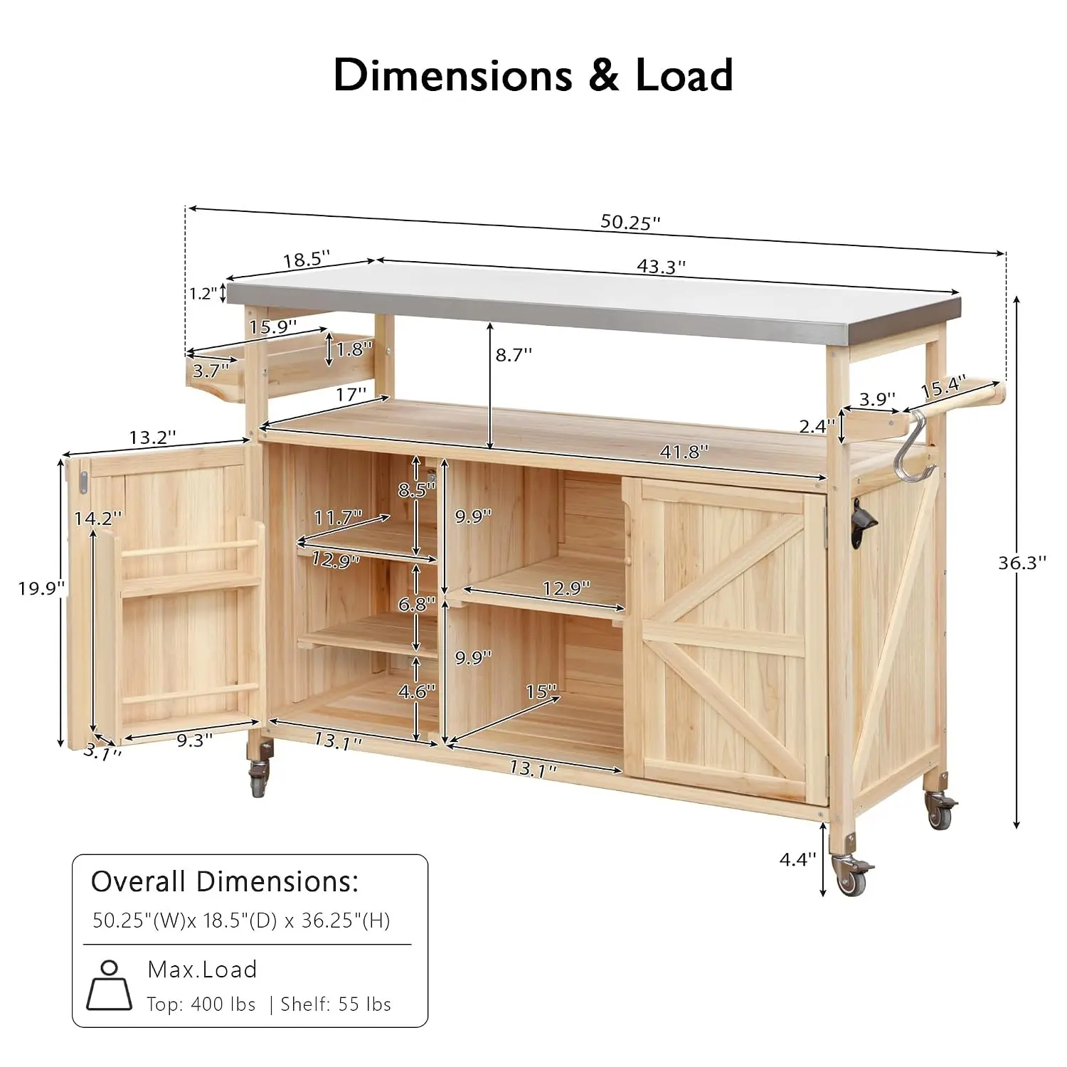 Home Rolling Kitchen Island Bar Cart with Stainless Steel Top, Food Prep Table with Shelves, Spice Rack & Towel Holder