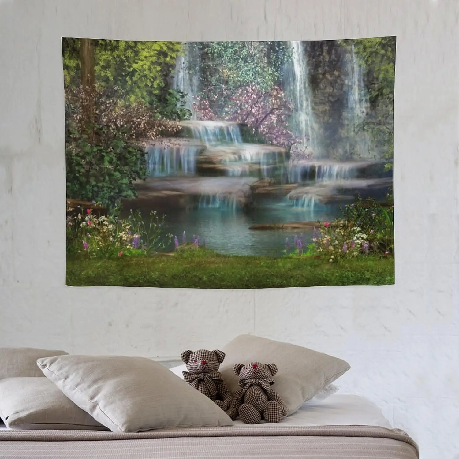 Waterfalls Flowers and Trees Landscape Forest Pattern Print Tapestries for Living Room Party Beach Picnic Blankets Wall Decor
