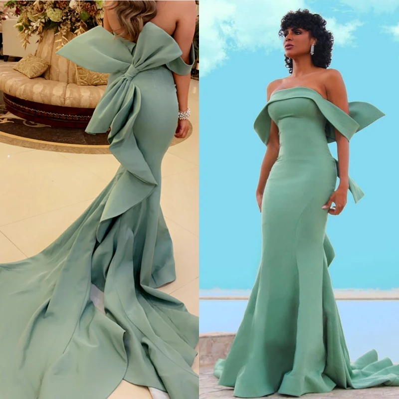 Mint Green Mermaid Evening Dress Simple Elegant Off Shoulder Long Satin Formal Event Gown Big Bow Customized Prom Party Dress