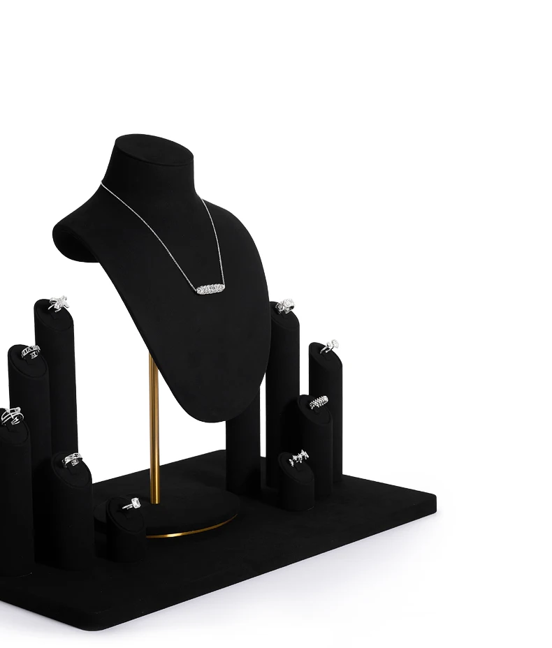 Oirlv Schwarzes Mikrofaser-Schmuckdisplay-Set mit Metall-Schmuckvitrine für Halsketten, Ohrringe und Armreifen – Detail 16