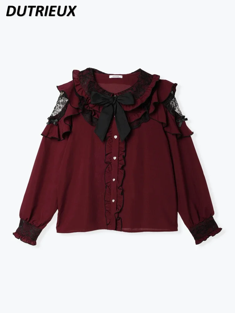 Japanese New Lolita Clothes Sweet Lace Ruffled Off-the-Shoulder Mine Long Sleeve Shirt Women Spring Summer New Blusas Femininas