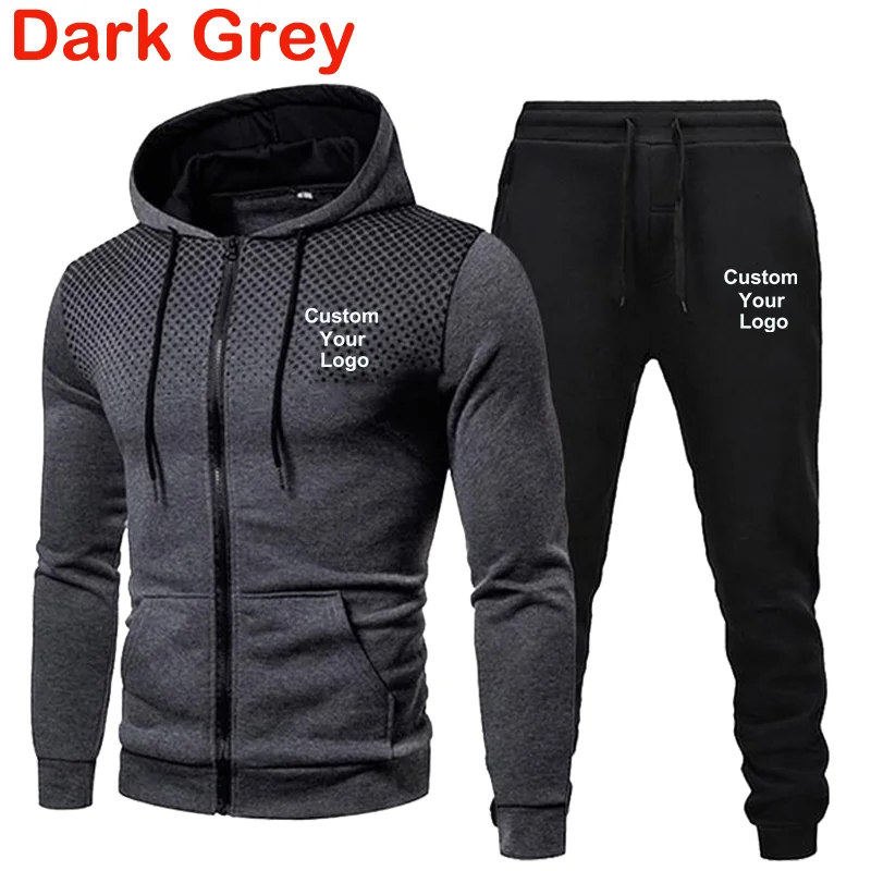 Men\'s Fashion Custom Your Logo Jacket Coat + Sweatpant Two Piece Sets Men Casual Sports Tracksuit Hooded Zipper Jogging Suits